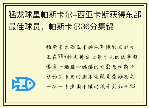 猛龙球星帕斯卡尔-西亚卡斯获得东部最佳球员，帕斯卡尔36分集锦
