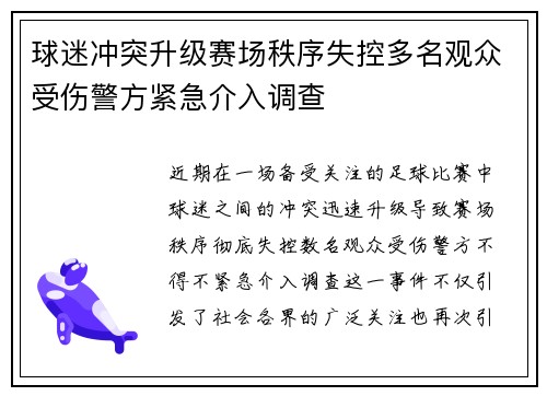 球迷冲突升级赛场秩序失控多名观众受伤警方紧急介入调查